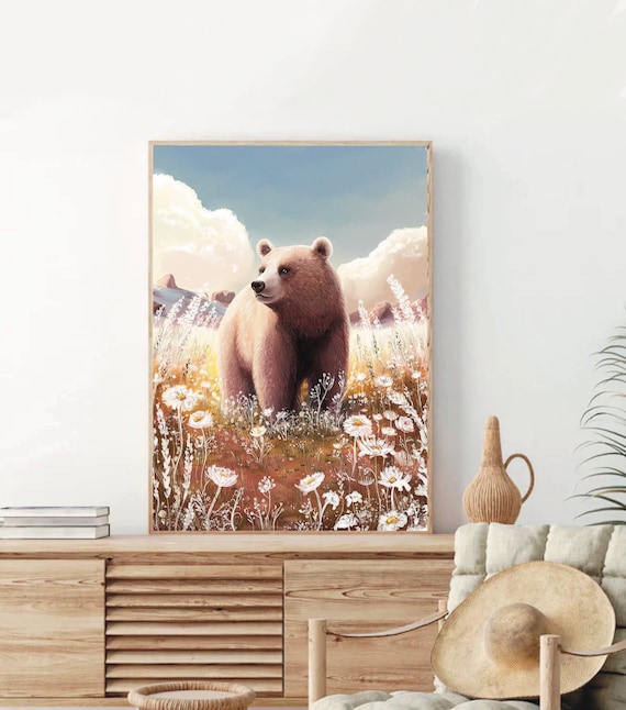 A4 A5 Bear and summer field art print | Fantasy Art poster | Enchanted forest art | Woodlands art | Whimsical art - Nursery - Alaska bear