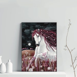 May include: A white horse with a long, flowing mane of pink and purple with white stars. The horse is standing in a field of tall grass with pink flowers. The background is a dark night sky with a full moon.