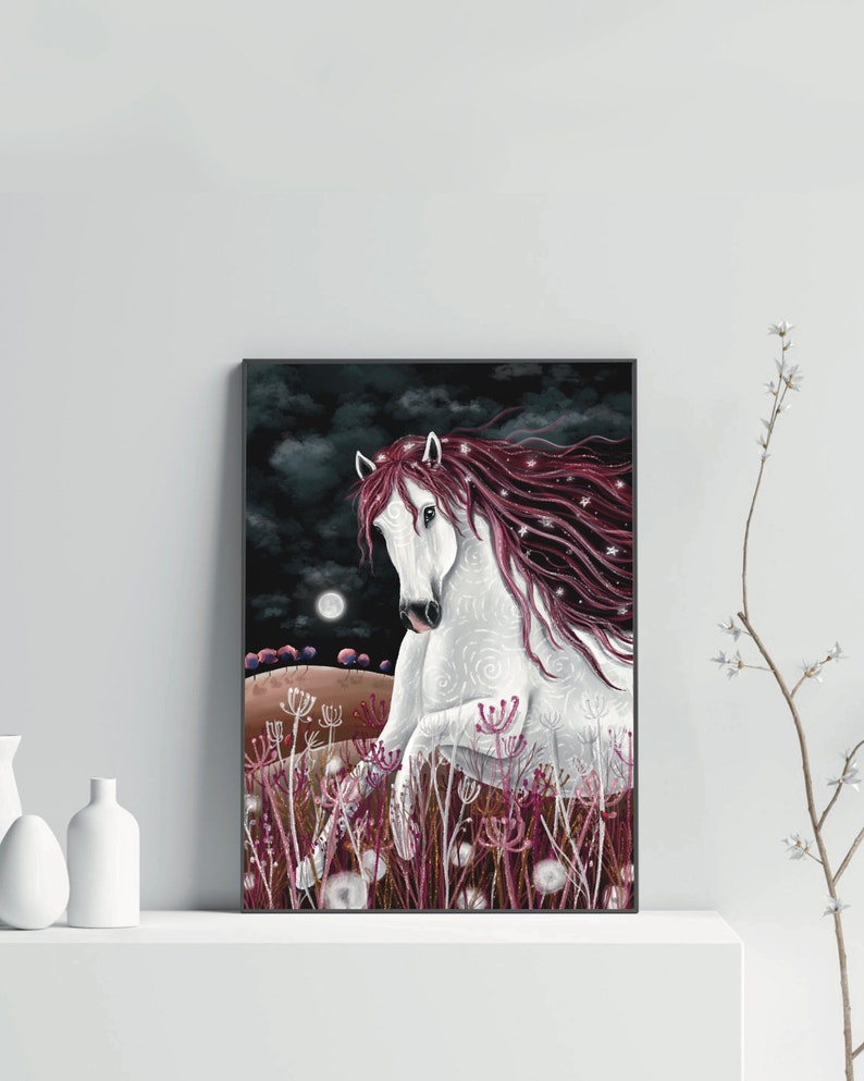 May include: A white horse with a long, flowing mane of pink and purple with white stars. The horse is standing in a field of tall grass with pink flowers. The background is a dark night sky with a full moon.