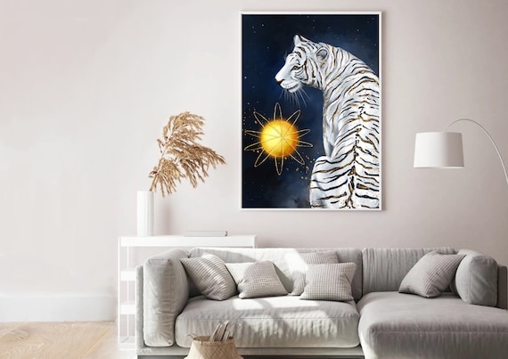 Limited Edition Print - Star Cosmic White tiger - Cosmic Tiger and Plantet print - Spiritual Tiger Spirit Guide - White tiger art