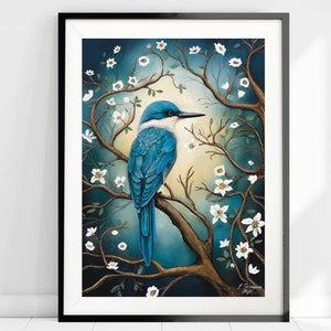 May include: A blue bird with a white chest perched on a branch with white flowers. The background is a dark blue with a light blue glow.