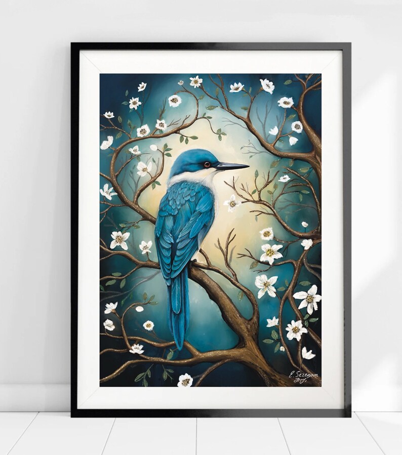May include: A blue bird with a white chest perched on a branch with white flowers. The background is a dark blue with a light blue glow.