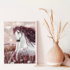 May include: A white horse with a long, flowing mane of pink and purple runs through a field of pink and white flowers. The horse has a white and gray swirl pattern on its body. The background is a soft, pink and gray sky.
