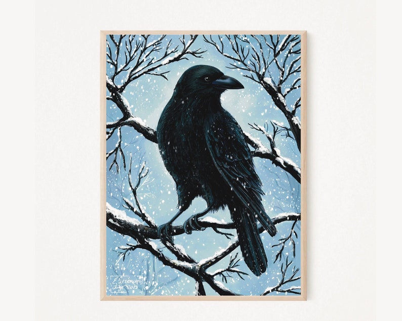 May include: A black crow perched on a snow-covered branch in a wintery scene. The crow is facing to the right and has a dark, almost black, background. The snow is falling softly around the crow.