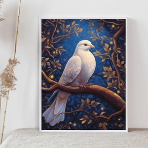 May include: A white dove perched on a branch with golden leaves against a dark blue background. The dove has a white body with a light gray head and a long, white tail. The background is filled with glowing lights, creating a magical atmosphere.