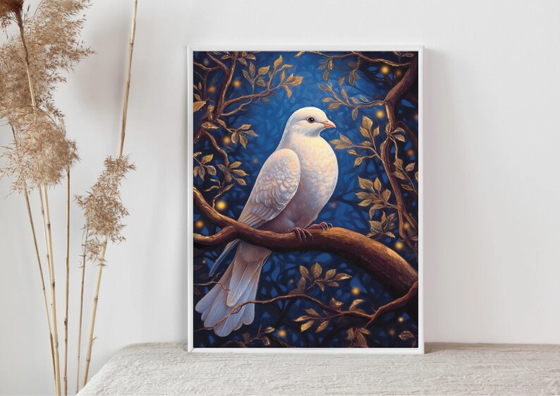 May include: A white dove perched on a branch with golden leaves against a dark blue background. The dove has a white body with a light gray head and a long, white tail. The background is filled with glowing lights, creating a magical atmosphere.