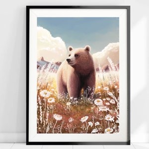 May include: A framed art print featuring a brown bear standing in a field of white wildflowers. The bear is the focal point, set against a backdrop of a blue sky with fluffy clouds. The artwork has a soft, painterly style.