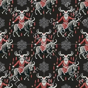 Puede incluir: Un patrón repetido que presenta una figura roja y blanca con cuernos montando un caballo negro. El fondo es negro con copos de nieve blancos y pequeños árboles rojos.