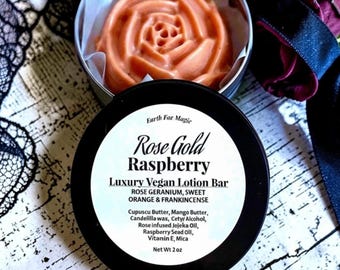Vegan Cupuacu Butter Lotion Bar with Rose Gold Shimmer, Luxury Raspberry Body Balm