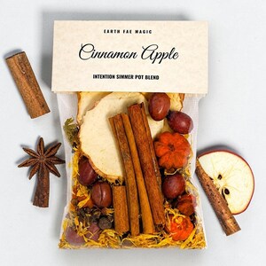 May include: A clear plastic pouch containing a Cinnamon Apple intention simmer pot blend, labeled Earth Fae Magic. The blend features dried apple slices, cinnamon sticks, star anise, and small orange pumpkins, surrounded by loose cinnamon and apple.