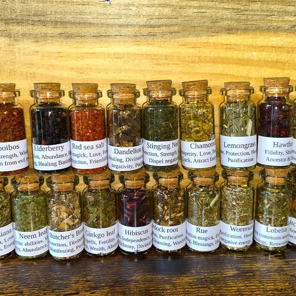 Witchy Herbs A - L, Apothecary Glass bottles 10ml-Witchcraft Altar Tools Supplies-Protection Spell Herbs