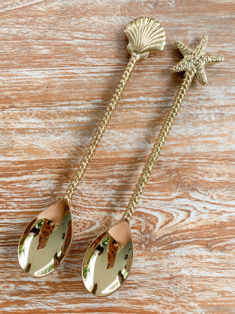 desert spoon Gold spoons Brass desert soup dinner spoons SET of 2 star spoon decor spoon clam shell spoons soup spoon kitchen decor
