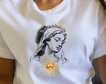 Virgin Mary Sacred Heart Catholic Shirt Catholic Art Apparel shirts Marian Design shirt Catholic gifts Immaculate Heart of Mary Shirt
