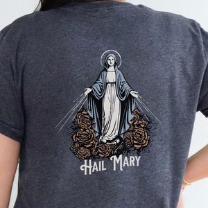Our Lady of Grace Tee, Marian Catholic T-Shirt, Virgin Mary T-shirt, Catholic T-shirt, Marian Cross Shirt, Floral Women Religious Shirts