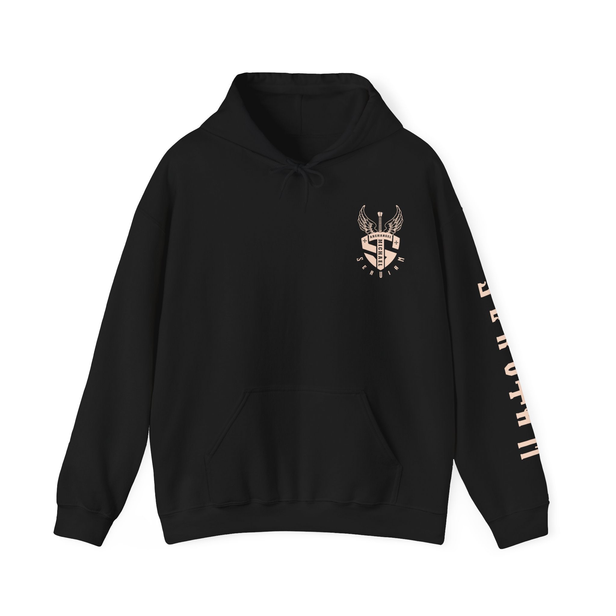St. Michael the Archangel Hoodie, Serviam Sleeve Print 