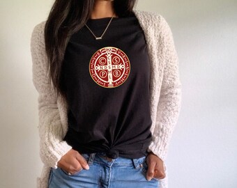 San Benito Medal Shirt, Catholic shirt, Saint Benedict Shirt, San Benito Medal Shirt, Christian Gift For Her, san Benito, Catholic Apparel