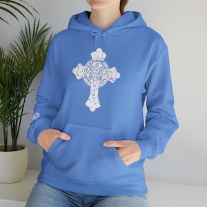 Saint Benedict crucifix Hoodie, Vintage San Benito Hoodie, Catholic Hoodie, Christian Gift For Her, Sleeve Print, Catholic Apparel Christmas