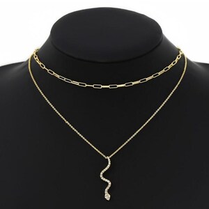 Snake Pendant Layered Necklace / Rhinestone Paved Snake Pendant Necklace / Double Layer Necklace / Dainty Layered Necklace