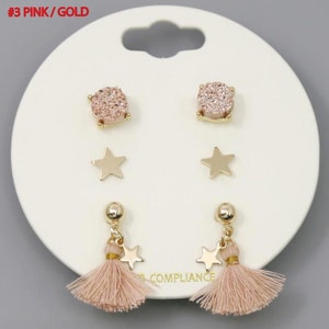 Set of 3 Pairs Stud & Tassel Drop Earrings / Druzy Stone and Fringe Earring / Star Earrings Set / Layered Earring Set / Assorted Earring Set