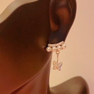 Curved CZ and Pearl with Butterfly Drop Earrings / Butterfly Dangle Earrings / Sterling Silver Earrings / Cubic Zirconia & Pearl Earrings