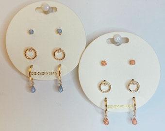 Set of 3 Pairs Mini Stud & Drop Earrings / Glitter Colored Stone Stud and Hoop Earring Set / Assorted Earring Set / Mix and Match Earrings