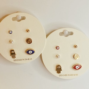 Set of 6 Single Stud Earrings Evil Eye Hamsa Hand Assorted