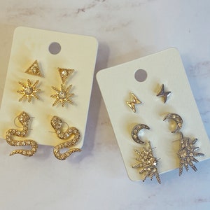 Set of 3 Pairs Ancient Egypt Inspired Stud Earrings / Pyramid, Starburst, Snake / Lightning Bolt, Crescent Moon, Sunburst / Mix & Match Stud