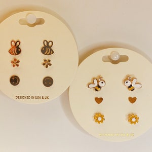 Set of 3 Pairs Bee Stud Earrings / Boho Earring Set / Multi Design Earring Set / Layered Earrings / Assorted Studs Set / Honeybee Earrings