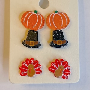 Set of 3 Pairs Thanksgiving Earring / Fall Theme Resin Stud Earrings / Happy Thanksgiving Fun Earrings / Thanksgiving's Day Gift