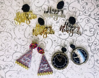 Happy New Year Earrings / New Years Theme Drop Earrings / Holidays Resin Earrings / Party Theme Fun Earrings
