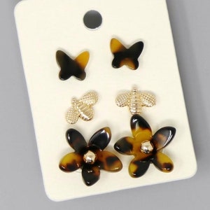 Set of 3 pairs Boho Stud Earrings / Butterfly Bee Flower Earring Set / Layered Earrings / Assorted Studs Set