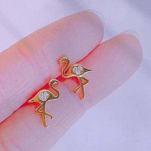 Flamingo Stud Earrings / Dainty Flamingo Earring / Sterling Silver Post Stud / Gold Dipped Mini Flamingo with CZ Earrings