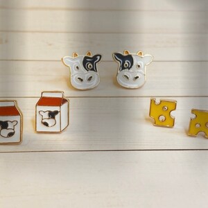 Set of 3 Pairs Farm Theme Stud Earrings / Dairy Enamel Stud Set / Cheese, Milk, Cow Earrings Set / Cute & Fun Enamel Earring Set