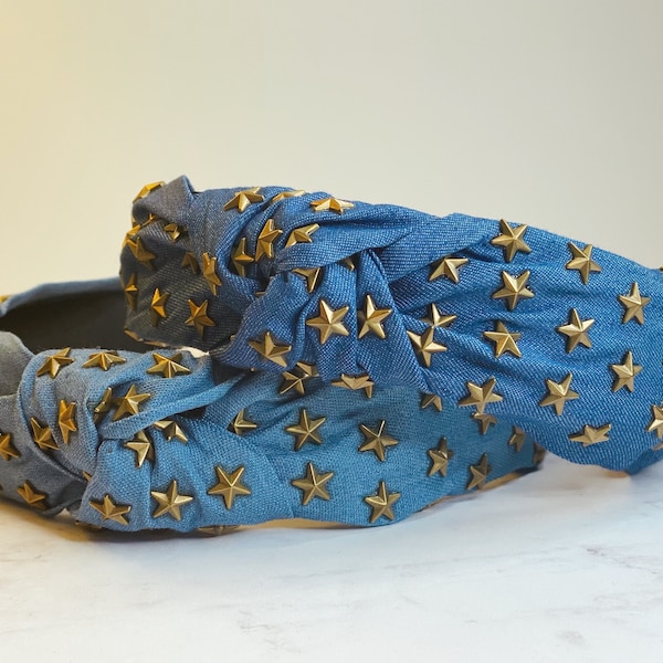 Denim Blue Knotted Headband / Denim Fabric Top Knot Headband / Embellished Headband / Star Headband