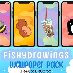 Könnte beinhalten: Vier Smartphone-Bildschirme mit Cartoon-Hintergründen. Die Hintergrundbilder zeigen eine Biene, einen Bären, ein Boba-Getränk mit einer Biene und einen Pinguin. Unter den Telefonen steht der Text "Fishydrawings Wallpaper Pack 1242 x 2208 px."