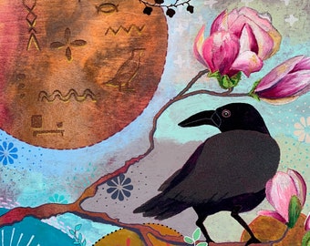 Art Print, "Wonder", 12 x 12", a mystical raven, magnolia blossoms and moon with ancient symbols, on luxurious archival paper.