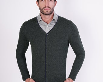 1st American Cardigan avec Boutons Pull en Cachemire et Soie Homme Manches Longues 1stAmerican