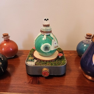 May include: A green potion bottle with a skull-topped stopper, poison label, and chain, displayed on a wooden platform with moss, mushrooms, and a small turtle. Other decorative bottles are in the background.