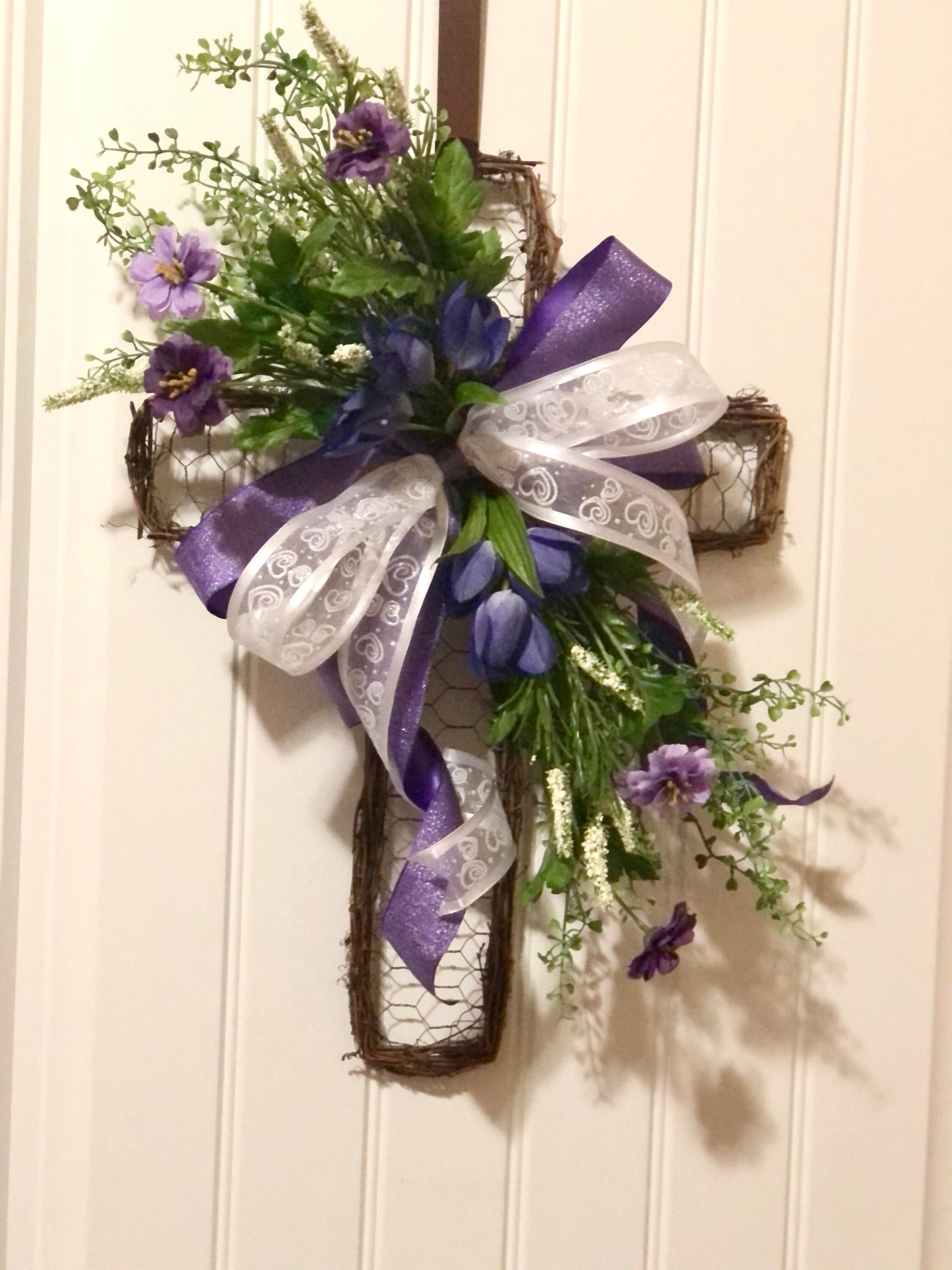 Grapevine / Chicken Wire Cross With Purple Flowers Etsy
