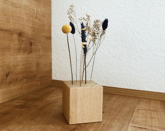 FlowerBar® CUBE "Schwedenglück" (approx. 10 cm x 10 cm x 10 cm) dried flowers Flowergram & noble oak, wooden arrangement, dried flowers