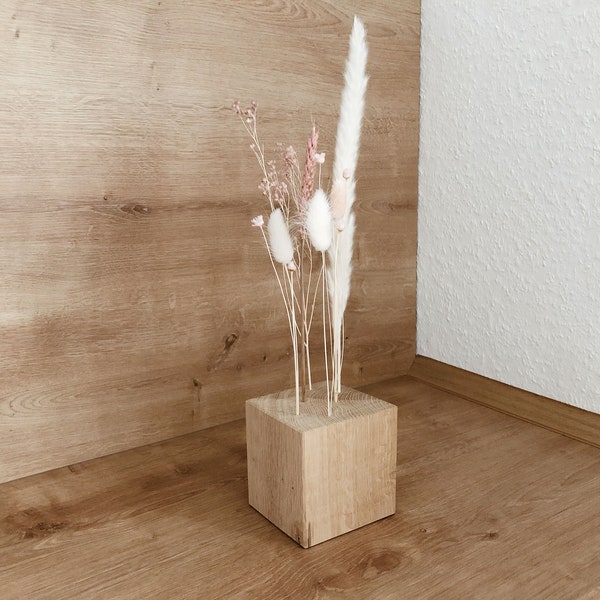 FlowerBar® CUBE « Barbe à Papa » (env. 10 cm x 10 cm x 10 cm) fleurs séchées Flowergram & chêne noble, arrangement en bois, fleurs séchées, durable