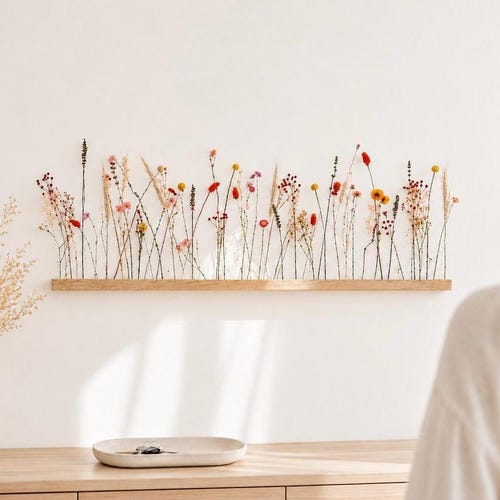 FlowerBar® Flower Meadow – Fleurs séchées colorées sur bois de chêne, faites à la main, une excellente idée cadeau pour la fête des mères ou un anniversaire.