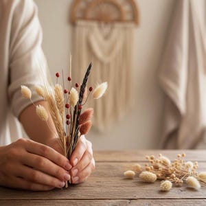 Könnte beinhalten: Ein kleiner Strauß aus getrockneten Blumen, darunter Weizen, Hasenschwänze und Beeren, wird in Händen gehalten. Das Arrangement weist natürliche Farben wie Beige, Braun und Rot auf. Der Strauß liegt auf einer Holzoberfläche.