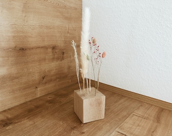 FlowerBar® CUBE « Dolce Vita » (env. 10 cm x 10 cm x 10 cm) fleurs séchées Flowergram & chêne noble, arrangement en bois, fleurs séchées, durable