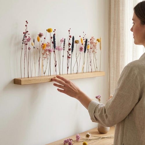 FlowerBar® Flower Meadow – Fleurs séchées colorées sur bois de chêne, faites à la main, une excellente idée cadeau pour la fête des mères ou un anniversaire.