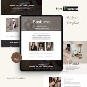 May include: A website template for business coaches, featuring a brown and white color scheme with a photo of a woman in a brown coat. The text on the website says "Business: Empower Your Journey: Coaching for Women's Success" and "Fierce Females: Coaching for Ambitious Women on the Rise".