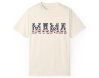 Patriotic Mama Comfort Colors Camiseta unisex teñida de ropa, regalo del día de las madres, regalo de mamá, camiseta de mamá, regalo para ella, camisa de bandera americana,