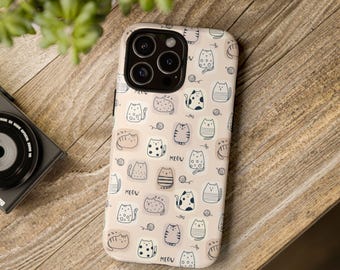 Cute Cats Phone Tough Case, iPhone 13, iPhone 12, iPhone 12 Pro, iPhone 11 Pro, Iphone 15, Iphone 14, Samsung, Pixel Case, line art, minimal