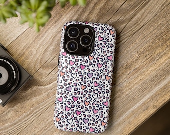 Leopard Print Hearts Tough Case, iPhone 13, iPhone 12, iPhone 12 Pro, iPhone 11 Pro, IPhone 8, Samsung, Samsung Galaxy, Pixel, cheetah heart