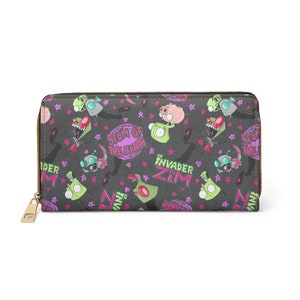 Alien Invader PU Cartera de cuero con cremallera, titular de la tarjeta de crédito, titular del dinero, bolso, bolsa, monedero de dinero, billetera linda, extraterrestres, invasor, perro, escoria